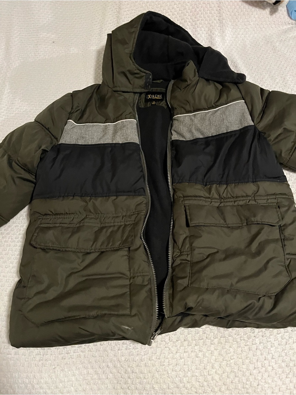 Men's Olive Hooded Puffer Jacket with Black and Gray Accents
